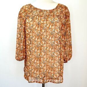 LC Lauren Conrad Sheer Floral Blouse Rust Orange Fall Colors with Pintucking Siz